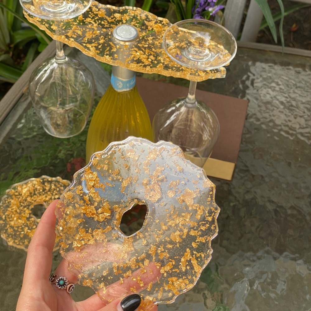 Gold Flake Wine Caddy & Coaster Set Resin Art - Picture 9 of 16